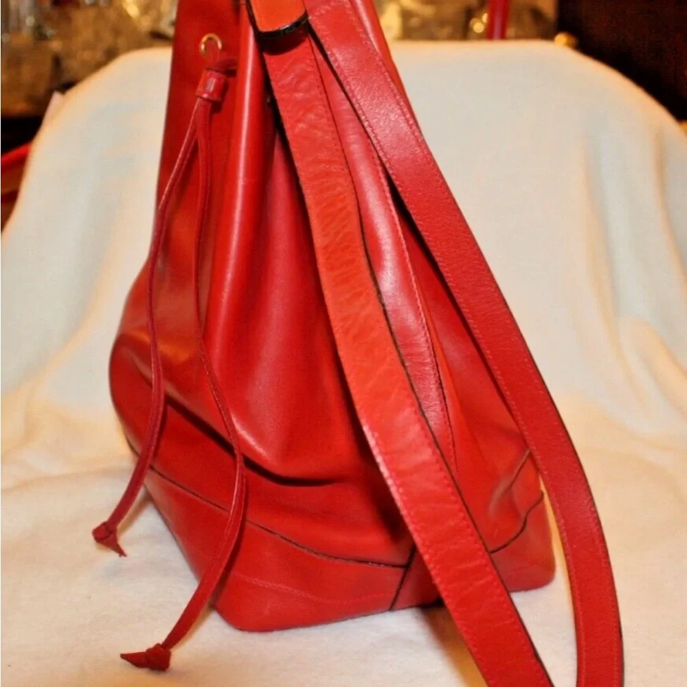 Red Leather Drawstring Bucket Bag - Picture 8 of 9